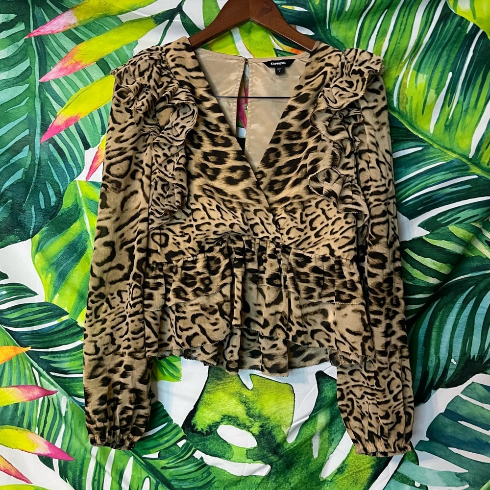 Express Small Tan Brown Leopard Ruffle Cropped Surplice Dressy Party Blouse